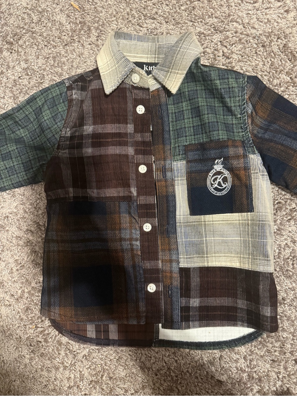 Kith Patchwork Plaid Button-Down Shirt in Brown, Green, Navy, Cream